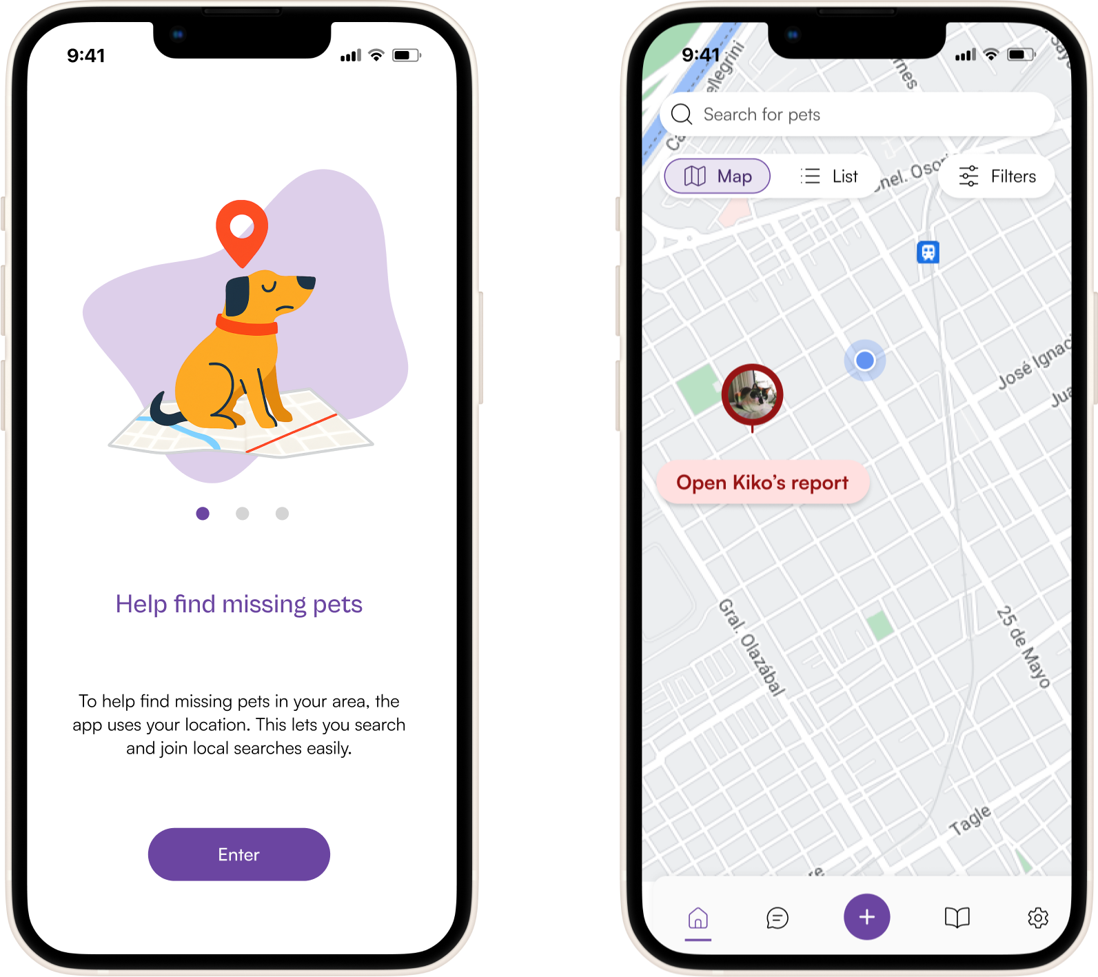 A mobile screen showing the image of a pet lost on top of a map. It shows a title "Help find missing pets" and a paragraph "To help find missing pets in your area, the app uses your location. This lets you search and join local searches easily". There is a button bellow with the text "Enter"